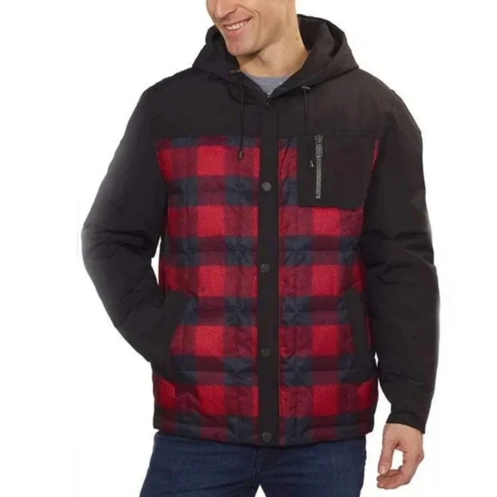 Pendleton Black and Red Plaid Duck Down Hooded Jacket - Large
